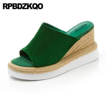 

Slippers 2018 Spring Slip On High Heels Pumps Rope Espadrilles Suede Women Wedge Platform Sandals Shoes Green Designer Slides