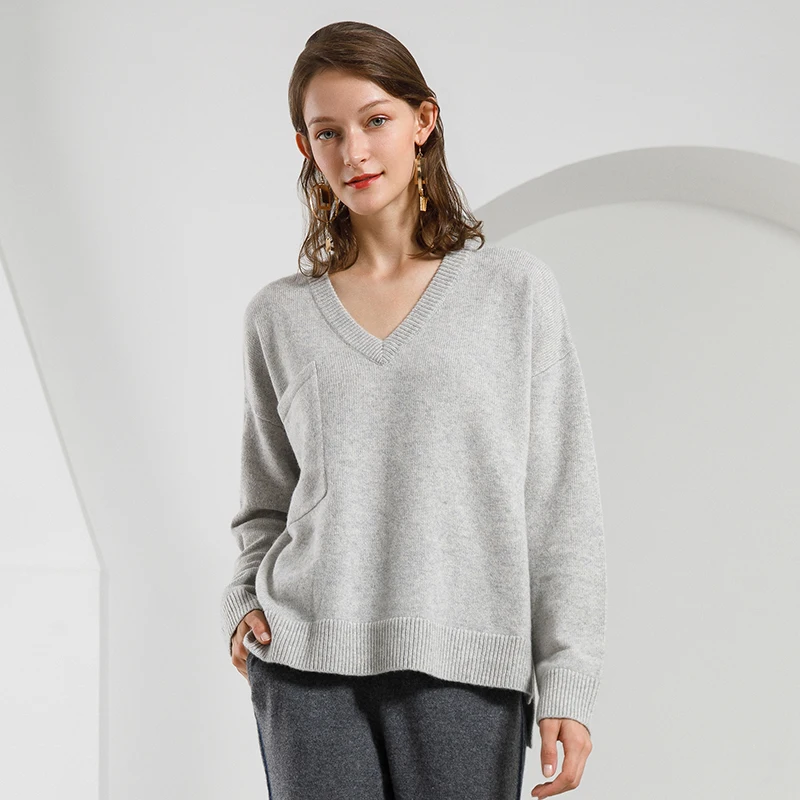 100% Cashmere V neck Sweater Oversize Knitted Sweater Female Pocket ...