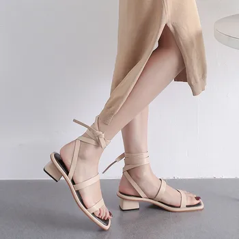 

YMECHIC Black Beige Beach Chunky Heels Shoes Woman Genuine Leather Narrow Band Cross Strap Gladiator Sandals Women Summer 2019