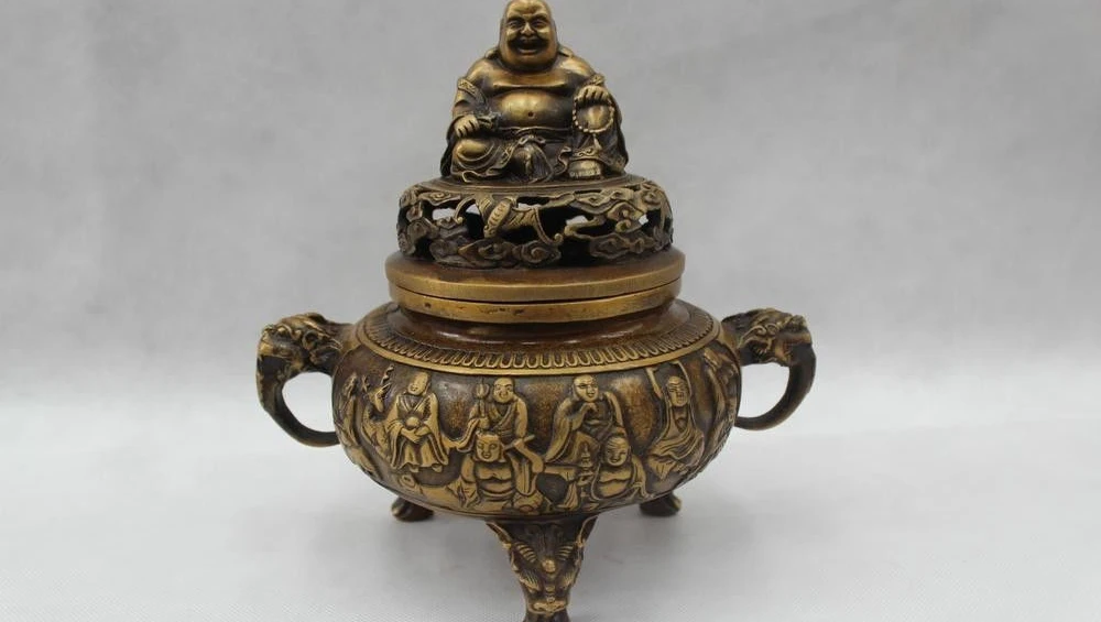

9"Chinese Folk Pure Bronze Eighteen Arhat Buddha Burner incense burner Statue