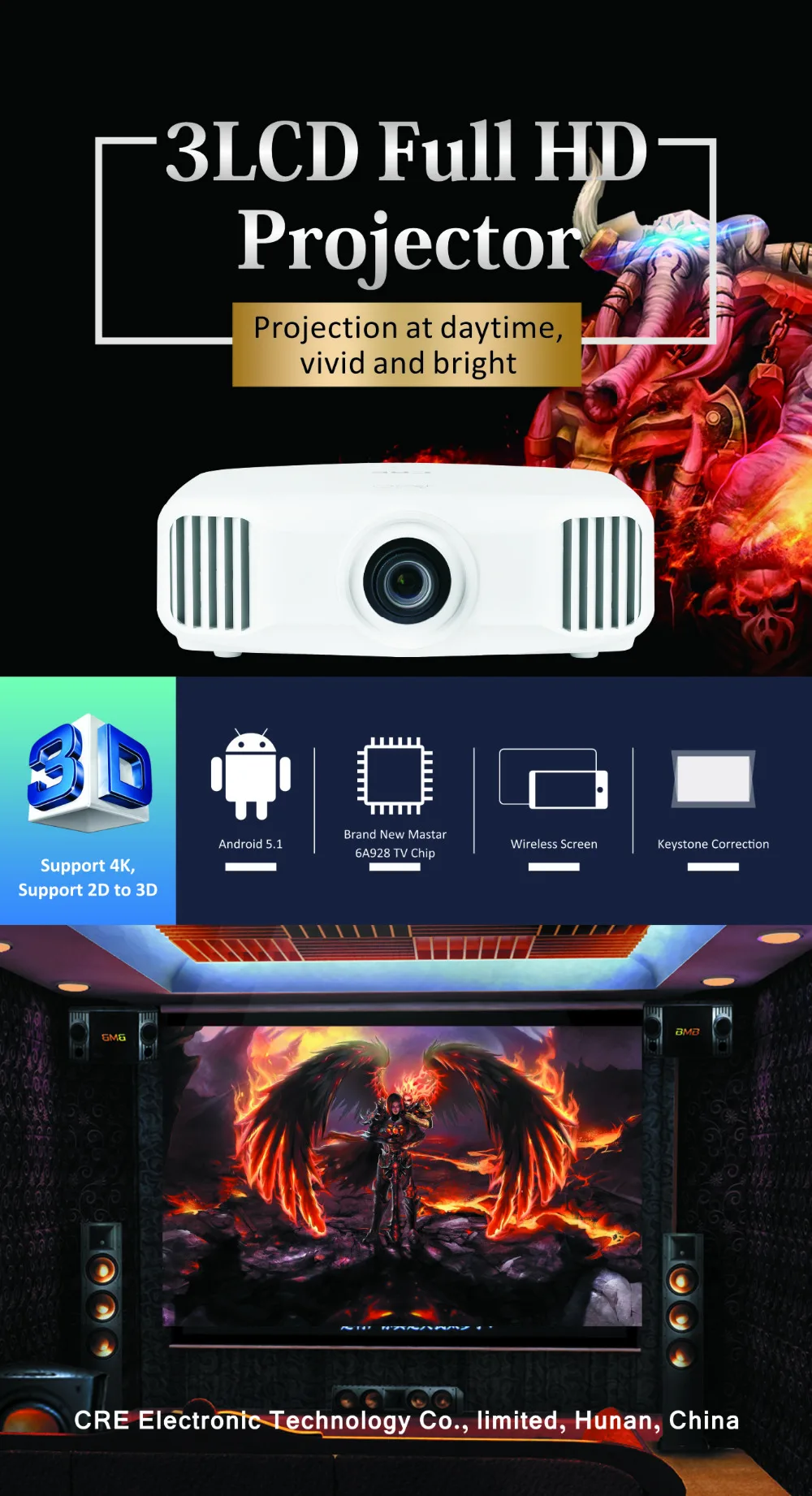 CRE X8000 2K 3D Android проектор Full HD 1920*1200 Bluetooth Hi-Fi динамик 3 ГБ/16 ГБ верхний проектор домашний кинотеатр