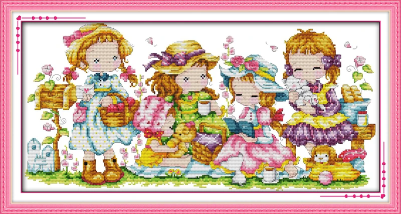 

Happy girls Cross Stitch Kits Embroidery Needlework Kit Home Decor Beginner Printed Canvas DMC Counted printed Cross-stitch set