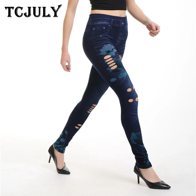 TCJULY новая уличная выдалбливают джинсы джеггинсы для женщин Высокая талия тонкий карандаш брюки стрейч пуш-ап бесшовные леггинсы с принтом
