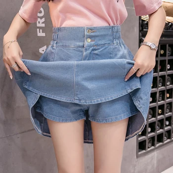 

Plus Size XXXL New Women Casual A Line Denim Mini Skirt Spring Summer High Elastic Waist Casual Femininas Office Elegant Skirts