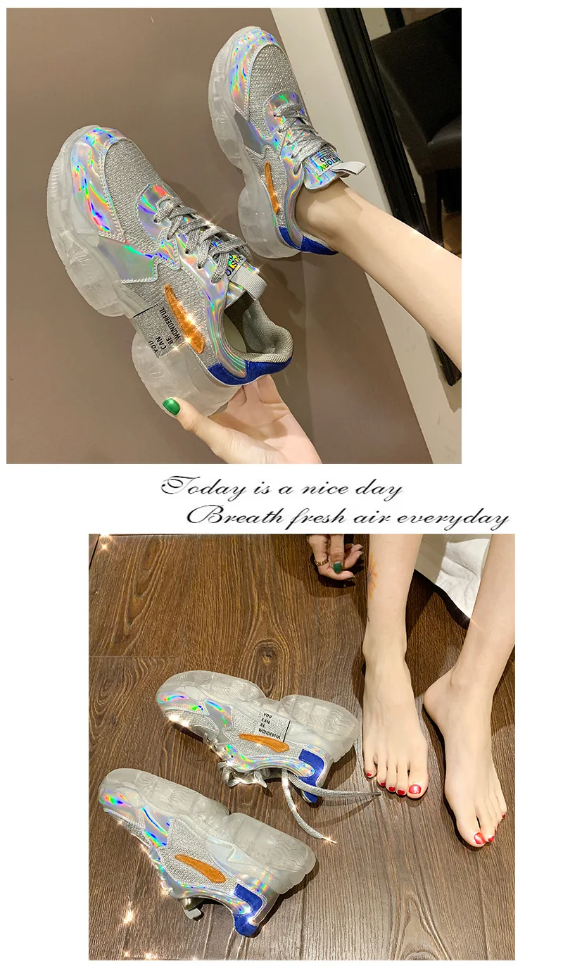 Брендовые весенние трендовые женские прозрачные кроссовки в стиле Харадзюку; женская прозрачная обувь на платформе; Лазерная повседневная обувь; блестящая обувь для бега