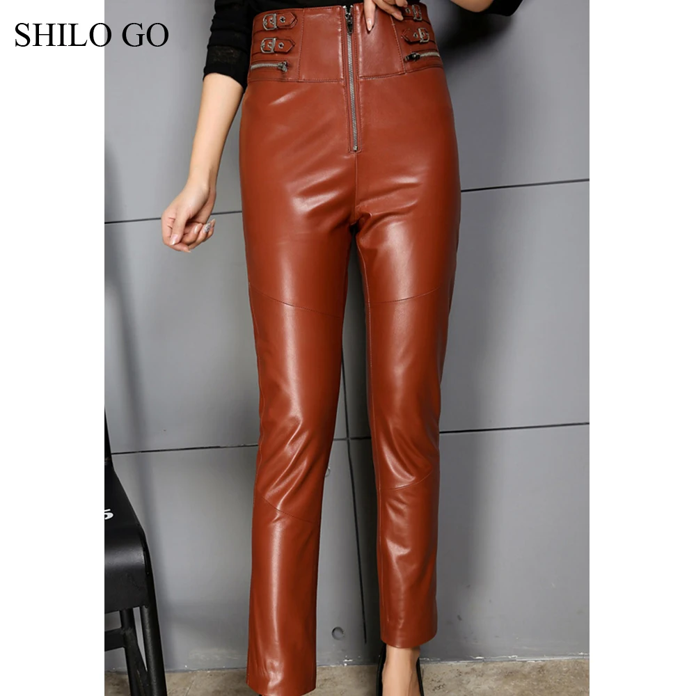 SHILO GO кожаные брюки женские осенние модные овчины из натуральной кожи брюки с высокой талией сексуальные черные узкие брюки с молнией спереди