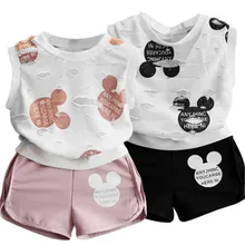 Комплект одежды с Микки и Минни для маленьких девочек, летние хлопковые комплекты одежды с короткими рукавами для детей, жилет+ штаны, 2 предмета, детская одежда