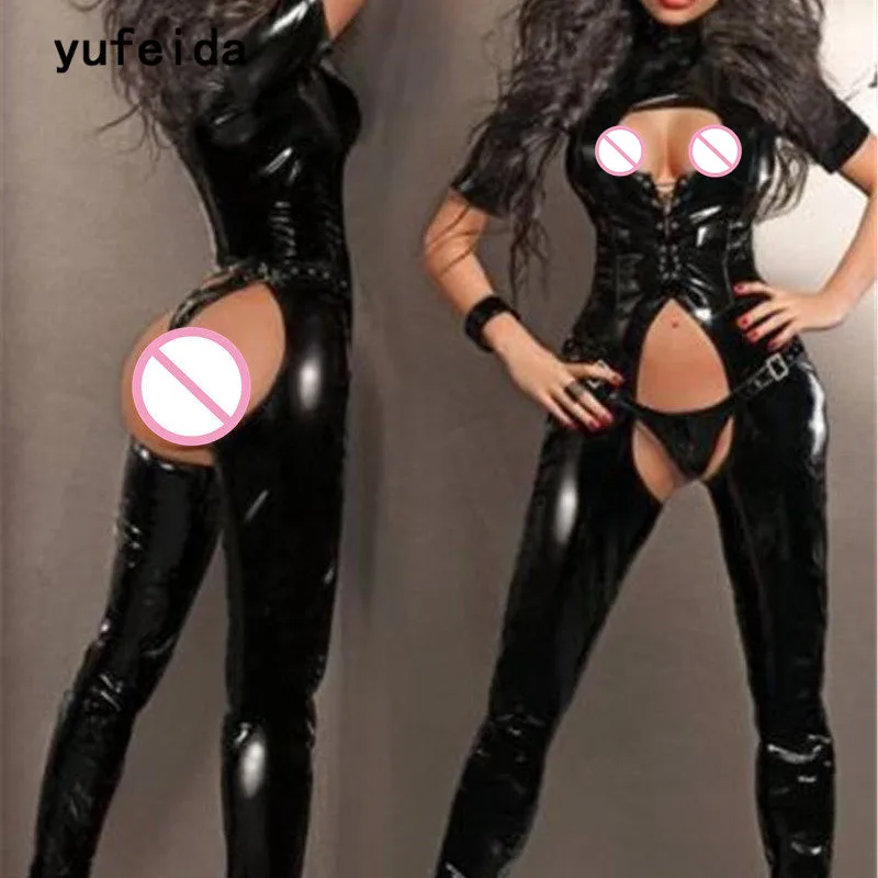 Женский костюм из искусственной кожи YUFEIDA черный латекса клубная одежда|female bodysuit