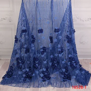 

Blue High Quality French 3D Flowers Embroidered With Trim Beads Tulle Lace Fabric For Beautiful Bridal Wedding Dress QF1852B