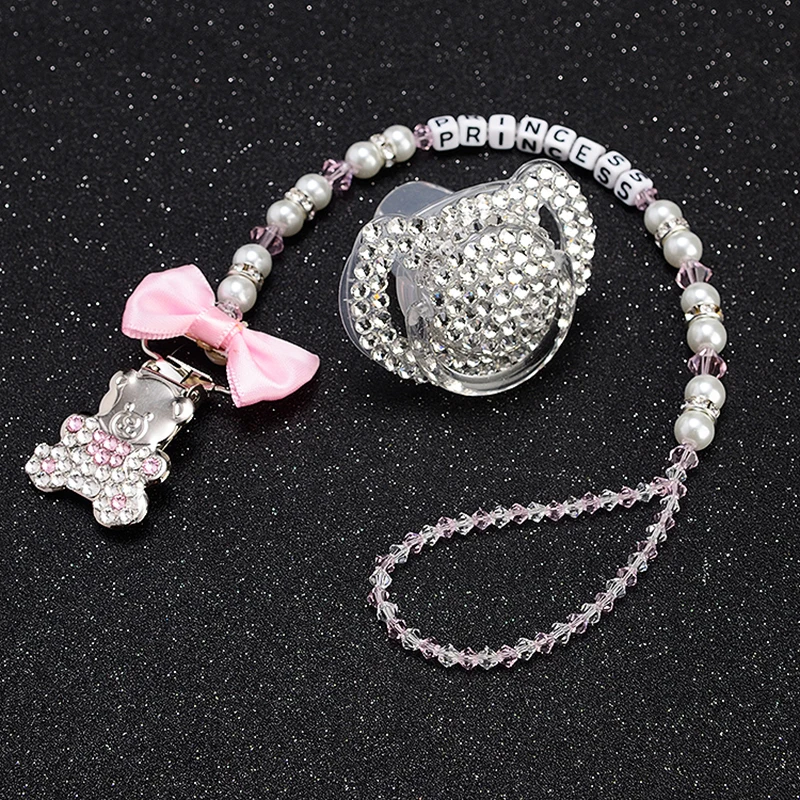 

MIYOCAR any name bling bear pacifier clip personalized pacifier holder dummy clip with bling pacifier set unique gift SP02