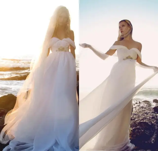 2015 Flowing Chiffon Wedding Dress Summer Off Shoulder Beach