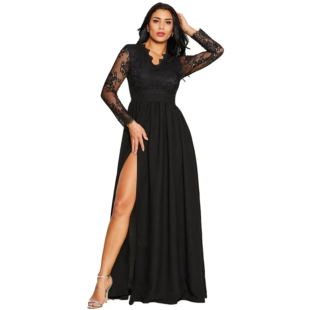 

Joineles Sexy See Throu Lace Chiffon Party Dress V Neck Long Sleeves High Waist Split Floor Length Vestidos De Festa Black Tunic