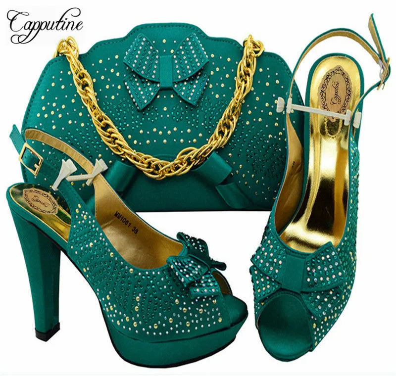 Capputine High Quality Italian Party Shoes And Matching Bag Set Fashion Decorated With Rhinestone Shoes And Purse Set MM10612