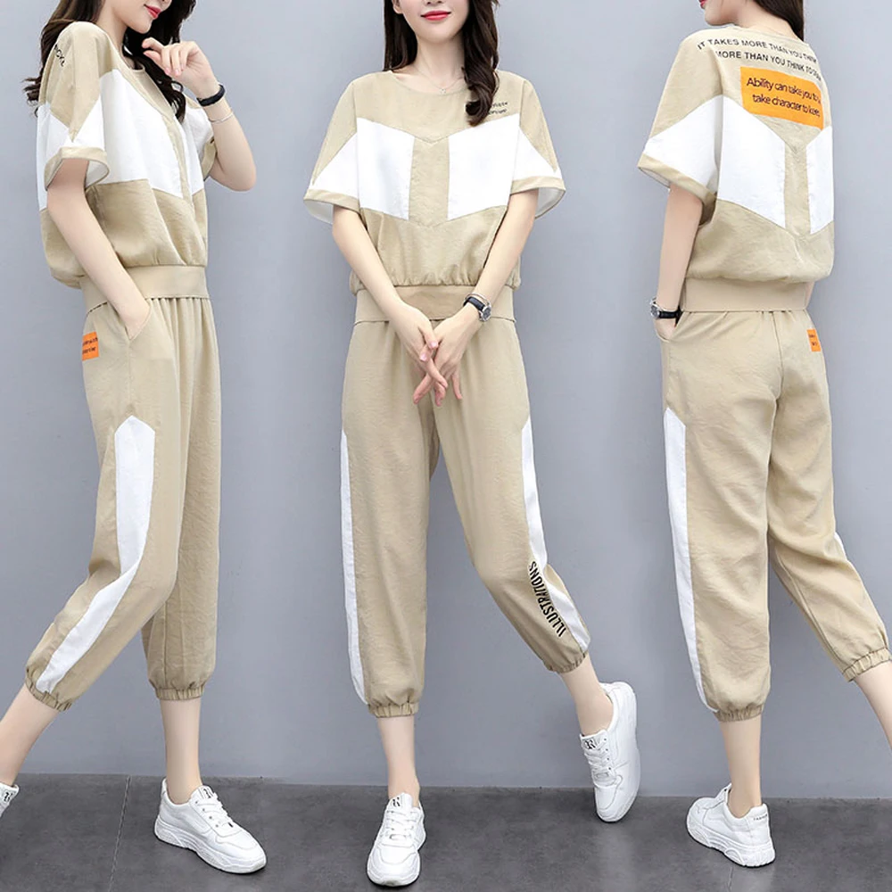 

Cotton Linen Suits 2 Piece Set Women Outfit Tracksuit Sportswear Plus Size Large Top and Pant 2019 Summer Vintage Khaki Clothing