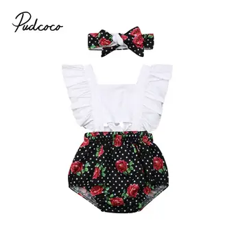 

0-2T Babies Girl Summer Clothing Set Baby Girls Patchwork Romper +Headband 2pcs Outfits Sets New Birsthday Party Clothing