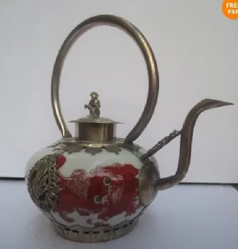 

carving Chinese old Tibetan silver ceramic teapot A limited number shipping tools wedding Decoration Brass