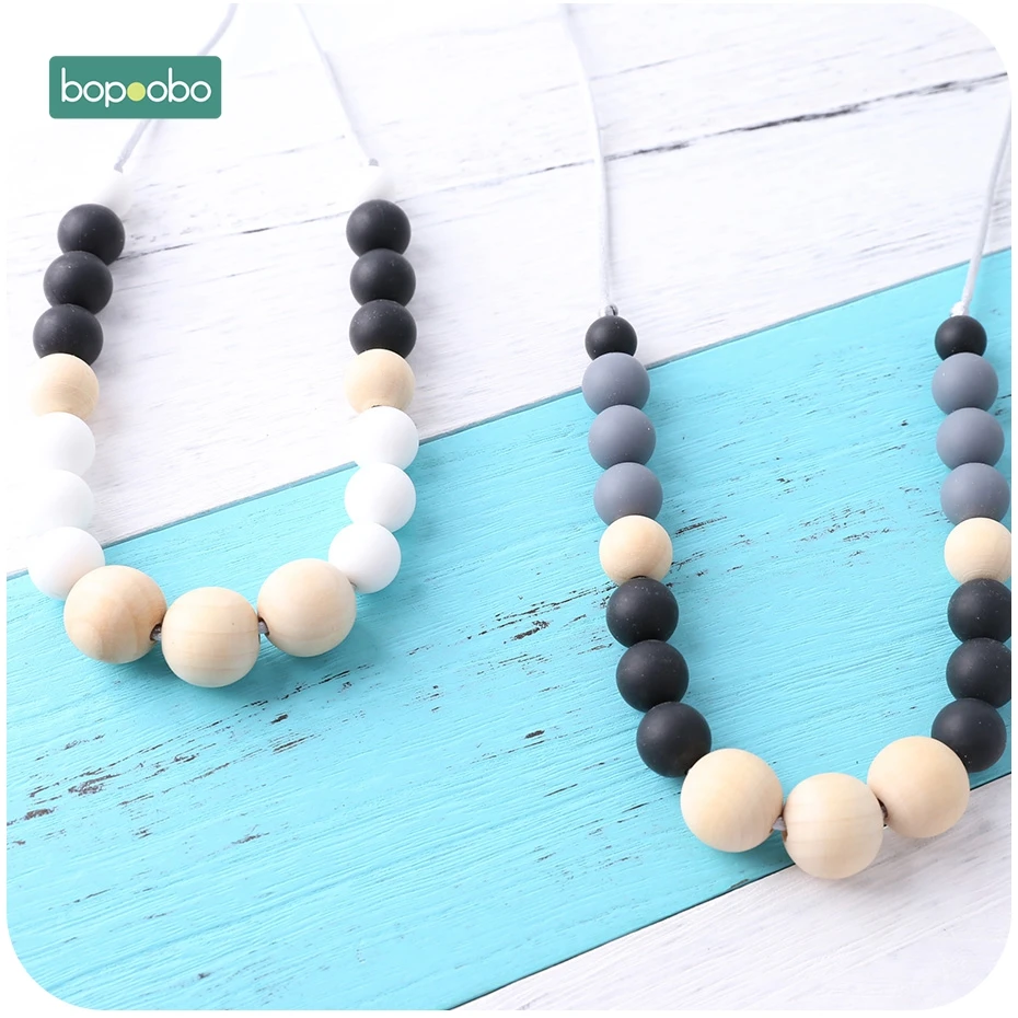 

Bopoobo 1PC Silicone Teether Necklace Wooden Beads Safe Toys Sensory Strolle Toys New-born Gift Breastfeeding Baby Teether