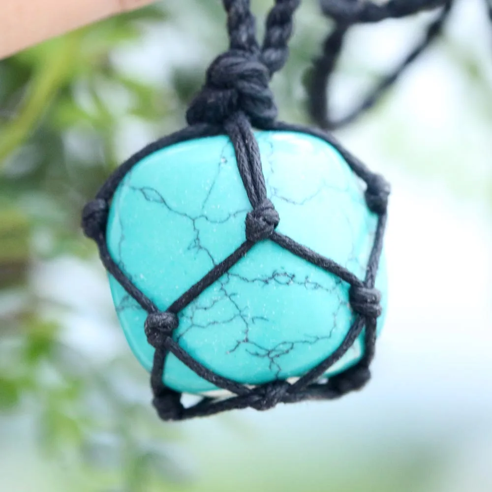 Natural Stone Men Necklace Wire Hemp Wrap Pendant Macrame Boho Jewlery B61 25*26mm Irregular