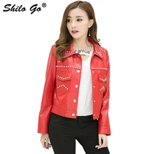 Новая мода уличная Женская Досуг костюм воротник металлическая круглая заклепка передний карман Овчина натуральная кожа короткая куртка