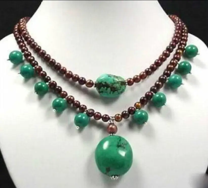 

FREE SHIPPING>>>@@ new Charming! Brown Akoya Pearl&Turquoise Pendants Necklace AAA WW #@