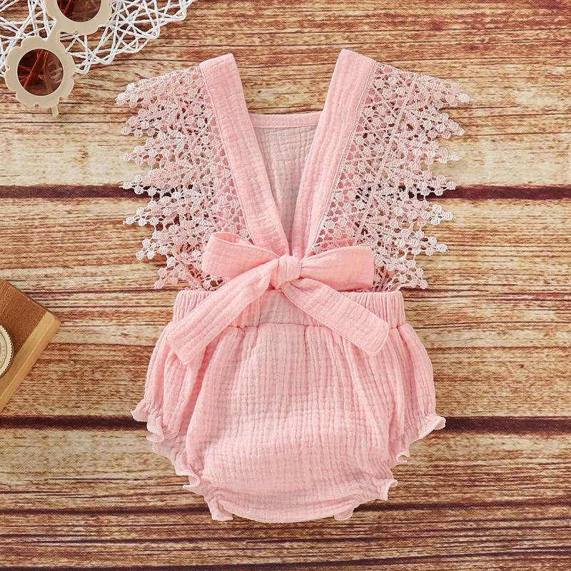 

New Summer Newborn Baby Girls Sleeveless Lace Bow Bodysuit Cotton One-Piece Jumpsuit
