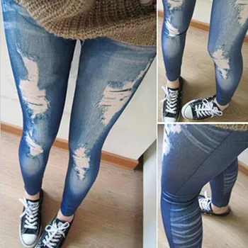 

Korean Blue Black New Fashion Slim False Hole Imitation Jeans Fitness Leggins Women Leggings