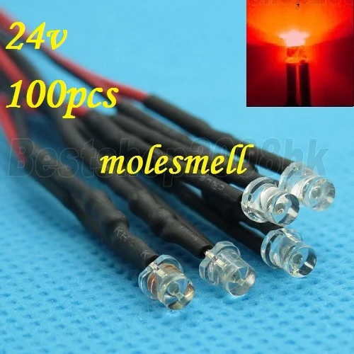 Conjunto de Luz da Lâmpada o Envio Gratuito de 100 dc com Fio Pces Parte Superior Plana Led Vermelho Pré-wired Grande – Angular 3mm 24v