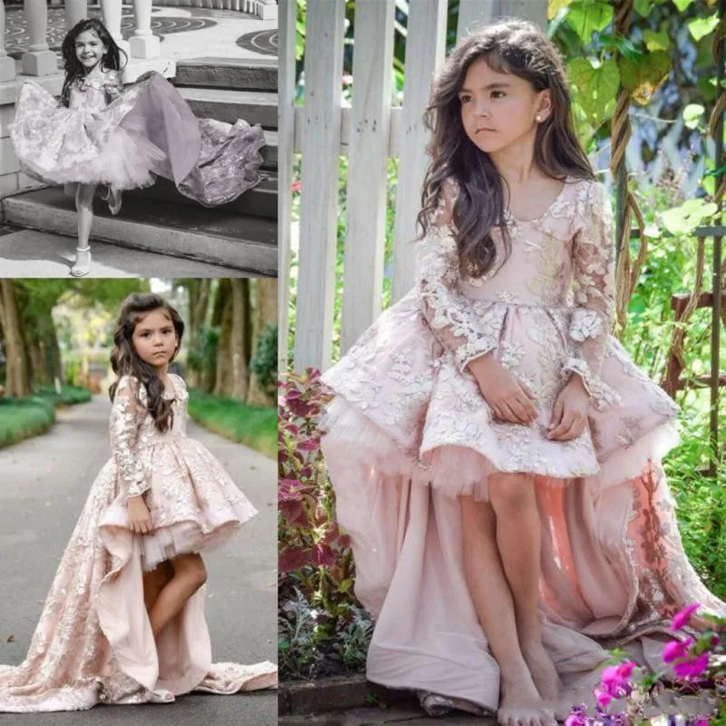 

Pink High Low Long Sleeve Flower Girl Dresses Lace Applique Ruffles Girls Pageant Gowns Children Kids Birthday Party Dresses