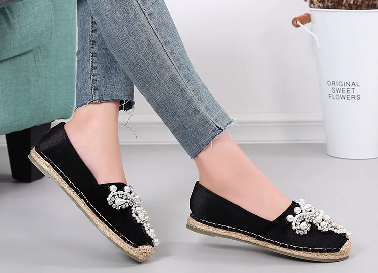 Women Flats Casual Spring Autumn Fisherman Shoes Flock Lazy Loafers Rhinestone String Bead Woman Single Shoes