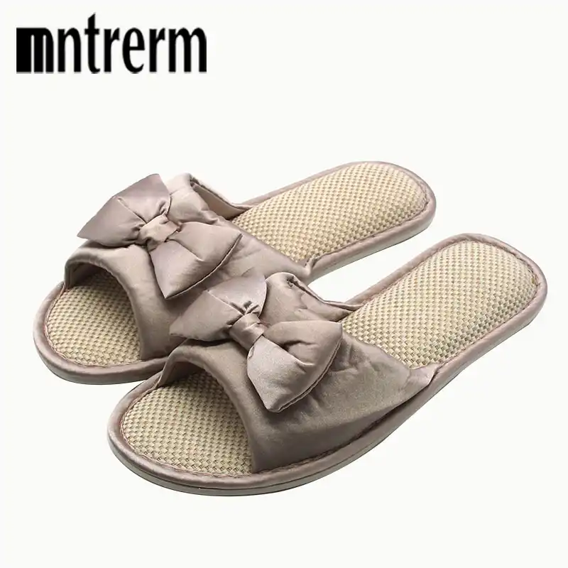 Mntrerm Candy Colors Home Slippers Women Bedroom Slippers For Summer Cartoon Bowtie Indoor Flat Slippers Floor Home Flax Shoes