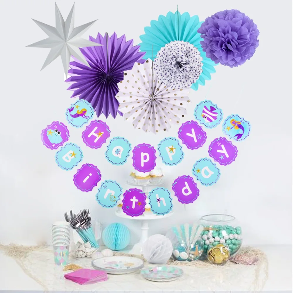 Conjunto De Decoracion De Fiesta De Sirenita Brillo Feliz