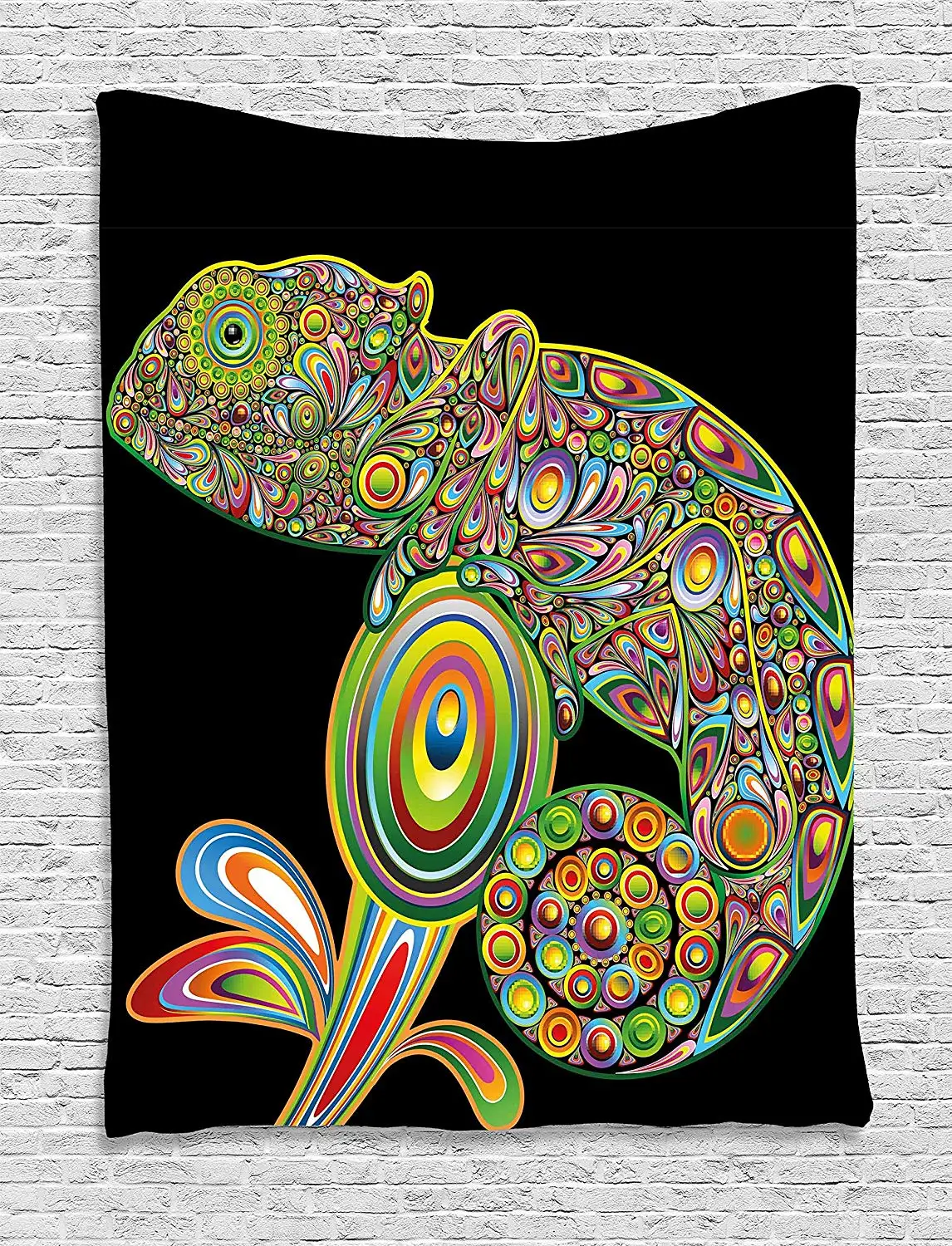 Psychedelic Tapestry Pop Art Chameleon Figure with Elements Original