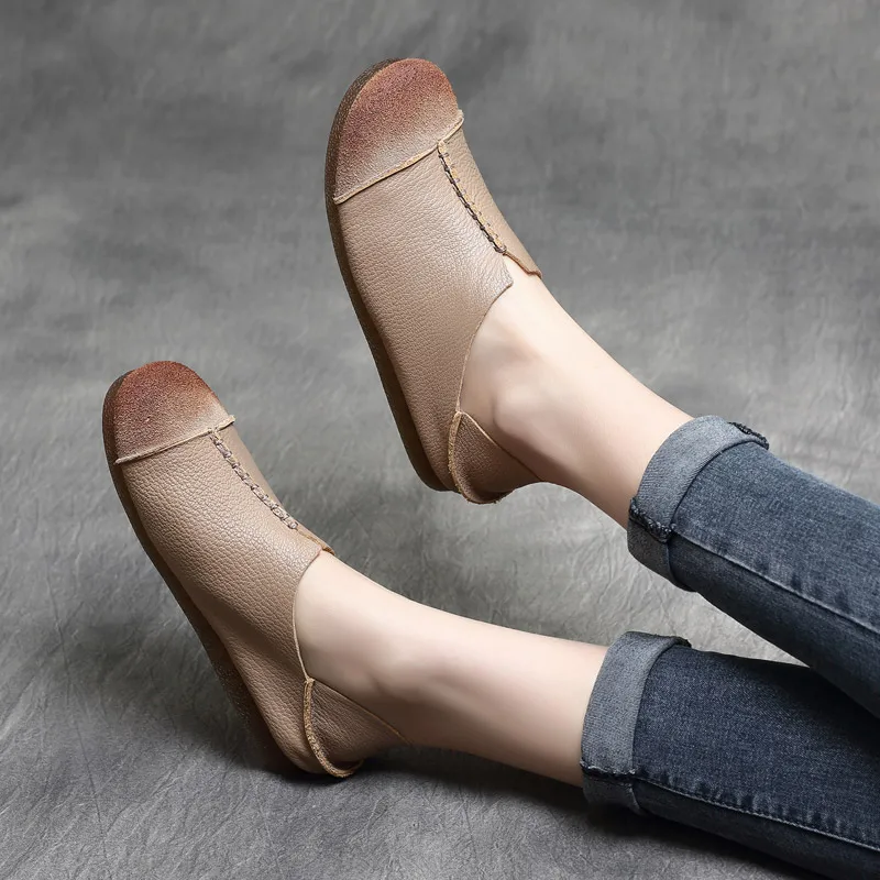 

women leather flats round toe casual 2019 spring shoes black femal simple flats handmade genuine leather women flats soft bottom