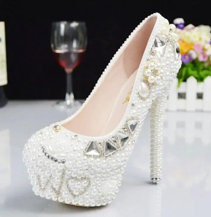 

New design crystal pearls rhinestones handmade brides wedding shoes white pearls silver luxury shinny crystal party shoe HS104