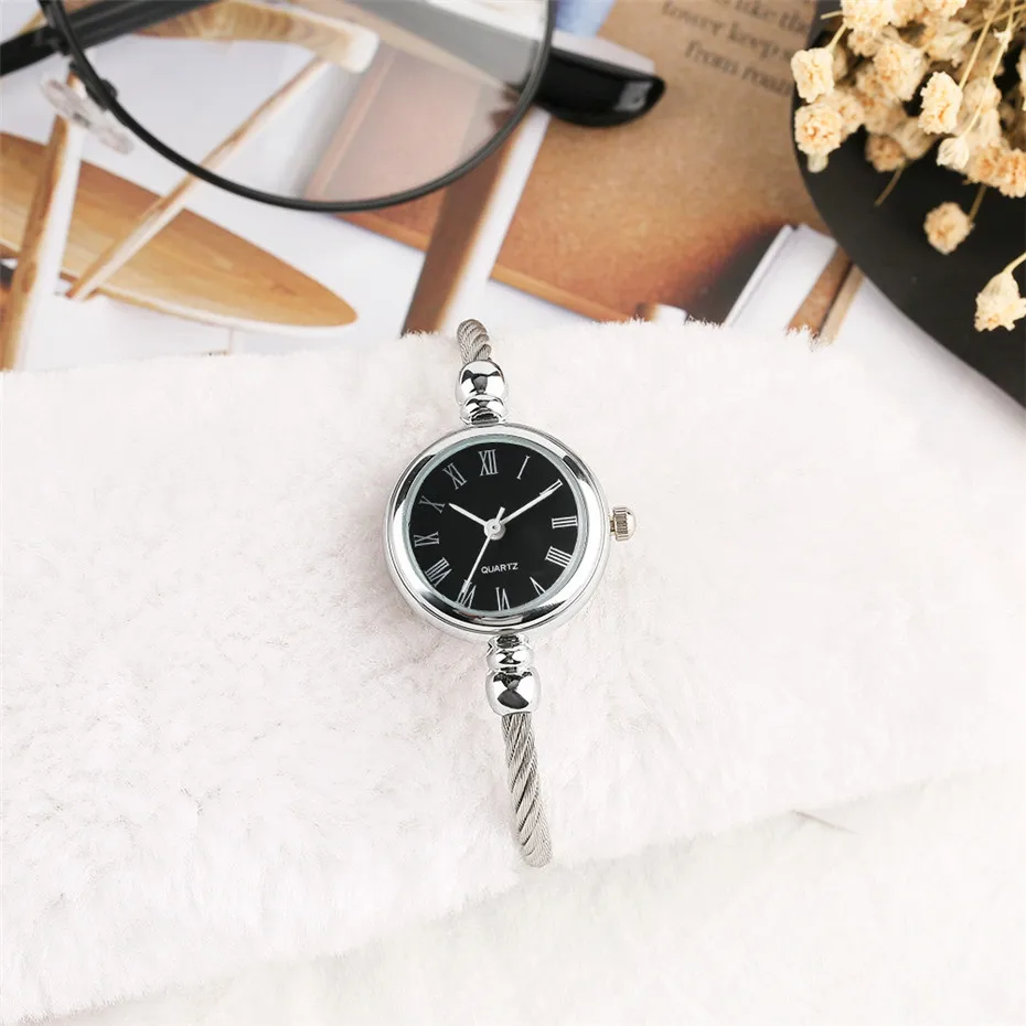 Creative Black White Small Dial Silver Strap Women Quartz Wrist Watches Analog Roman Numerals Bracelet Clock Gifts (24)