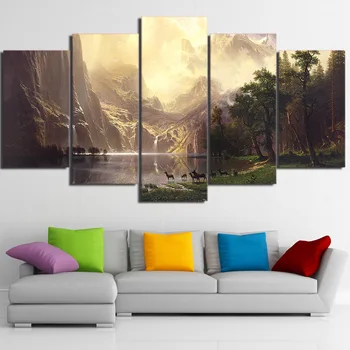 

Canvas Wall Art Pictures Frame Home Decor Room Poster Mountain Lake Natural Landscape Animal Deers HD Printed Painting