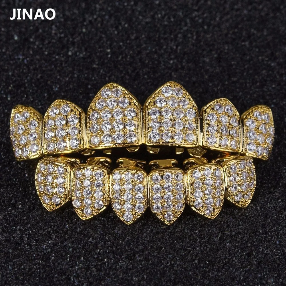 

JINAO Hip Hop Grills Pure Gold Color Plated High Quality Tooth Grill Micro Pave CZ Top & Bottom GRILL Mouth Teeth Grills Sets