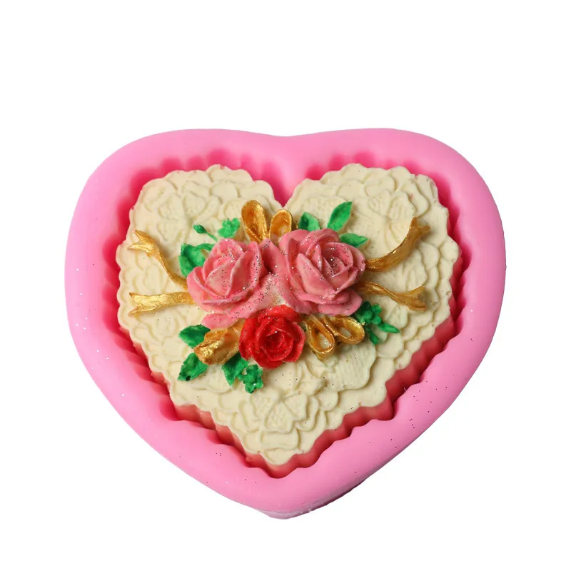 3D Valentine's Day Silicone Mold Cake Fandont Mold Heart Flower Rose