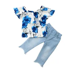 2018 новая брендовая Милая футболка с короткими рукавами и цветочным принтом для маленьких девочек топы, длинные штаны летняя одежда, 1-5 лет