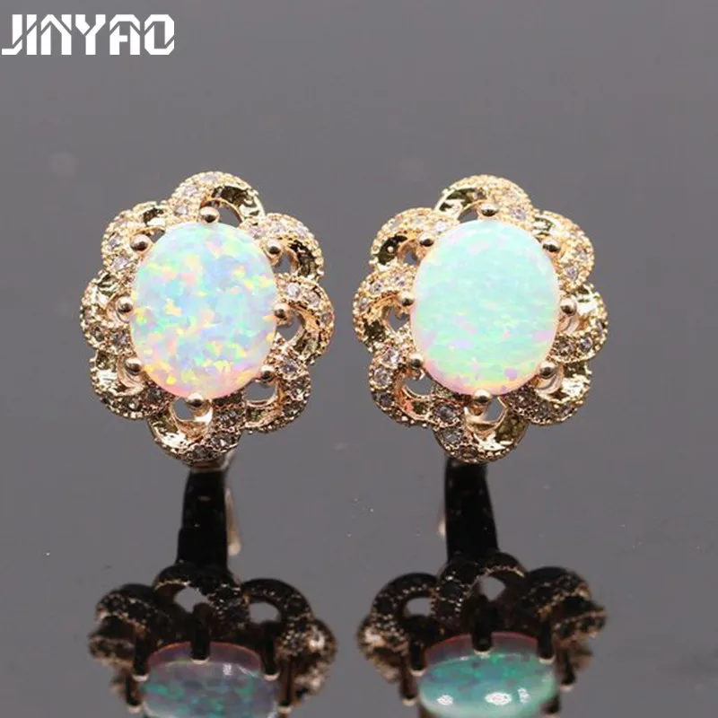 

JINYAO Beautiful Women Jewelry Oval Gold Color White Fire Opal AAA Cubic Zirconia Wedding Party Earring For Women