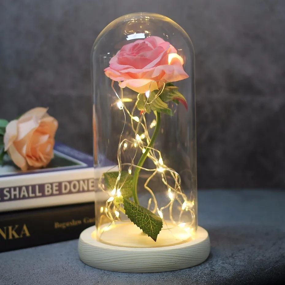 8 цветов Красота и чудовище красная роза в стеклянном куполе на деревянной основе для подарков Святого Валентина светодиодный лампы с розами Рождество - Цвет: Розовый
