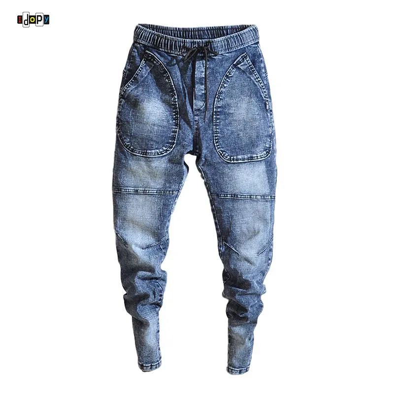 Idopy Spring New Men's Elastic Jeans Fashion Casual Hip Hop Loose Denim Jeans Black Blue Trousers Harem Pants Denim Joggers