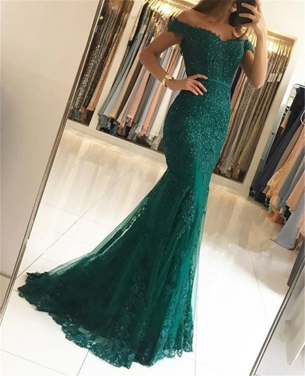 

Elegant Dark Green Long Mermaid Evening Dress Off The Shoulder Boat Neck Beaded Lace Tulle Formal Dresses Cheap Prom Gowns