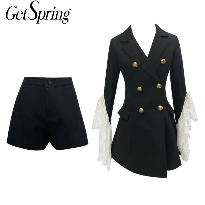 

GETSRING Woman Set Suit Blazer Sets Lace Stitching Flare Sleeve Long Suit Coats High Waist Shorts 2 Piece Set Women 2019 New