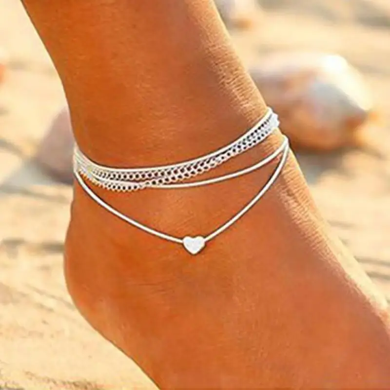 

Women Anklets Simple Heart Barefoot Crochet Sandals Bohemian Beach Foot Jewelry Silver Layered Anklet Ankle Bracelet On Leg