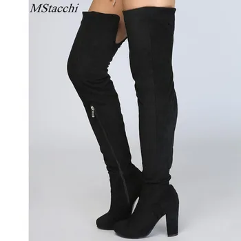 

Mstacchi Women Stretch Faux Suede Thigh High Boots Sexy Fashion Over the Knee Boots High Heels Woman Shoes Black Green Size34-47
