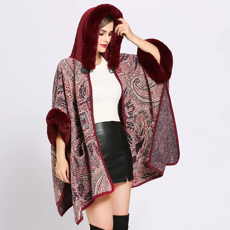 

Loose large size hooded knitted cardigan shawl cape female Fake Fox Fur Cashmere Shawl Cape Coat Poncho Female Elegant coats