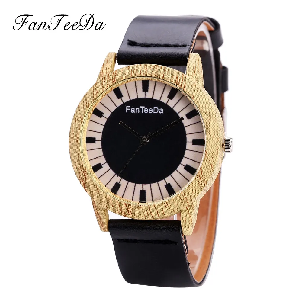 

Fashion Watch Men Women Neutral Piano key Dial Wood Grain Case PU Leather Strap Simple Quartz WristWatch relojes para mujer saat