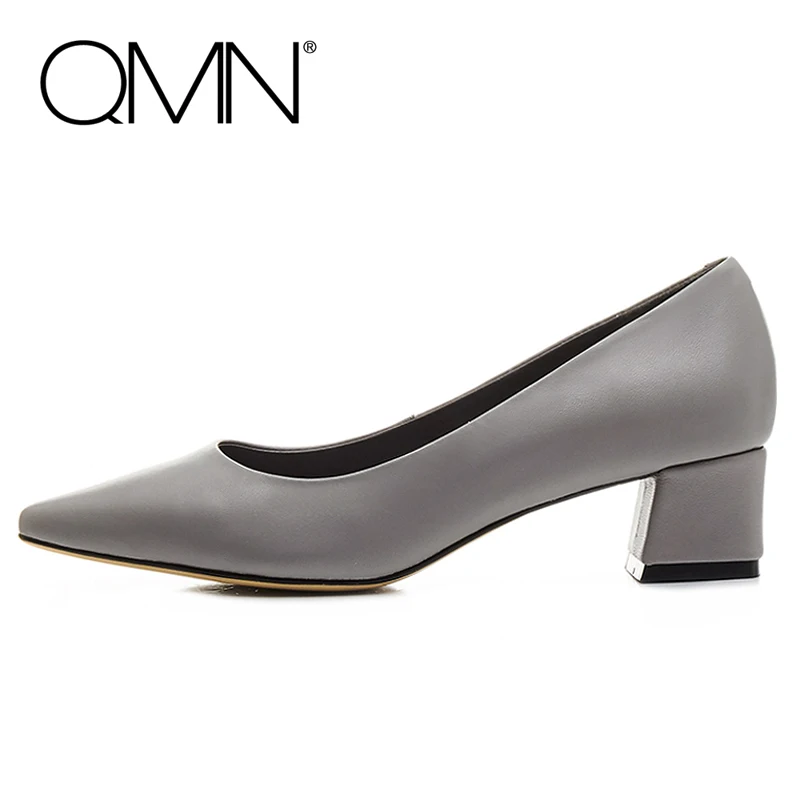 QMN women genuine leather pumps Women Pointed Toe Block Heels Leisure Shoes Woman Natural Sheepskin Shallow Pumps 34-39