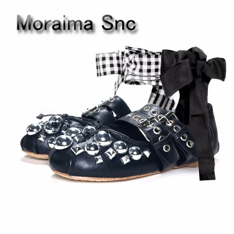 Moraima Snc 2018 Spring Leather Rivets studded flat shoes Woman round toe casual shoes Butterfly-knot Decor Ballet Flats shoes